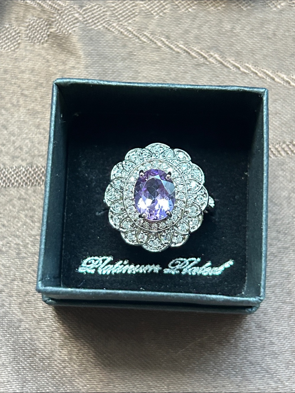 Purple Crystal Platinum Plated Halo Floral Statement Ring - size 10